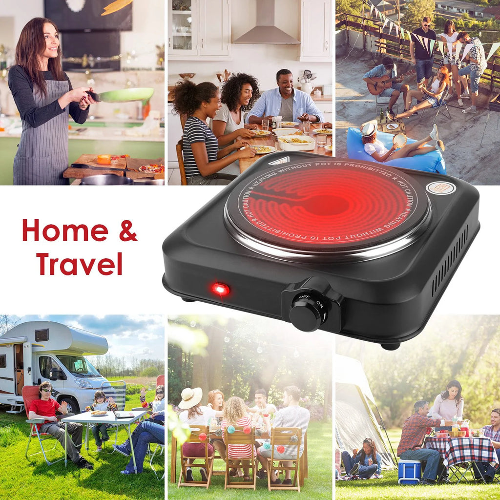 1000W Single Hot Plate Electric Burner with 7.5” Glass Cooktop Stepless, Infrared Countertop Burner, Black