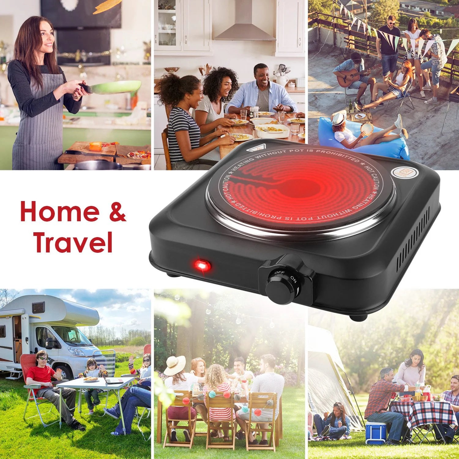 1000W Single Hot Plate Electric Burner with 7.5” Glass Cooktop Stepless, Infrared Countertop Burner, Black