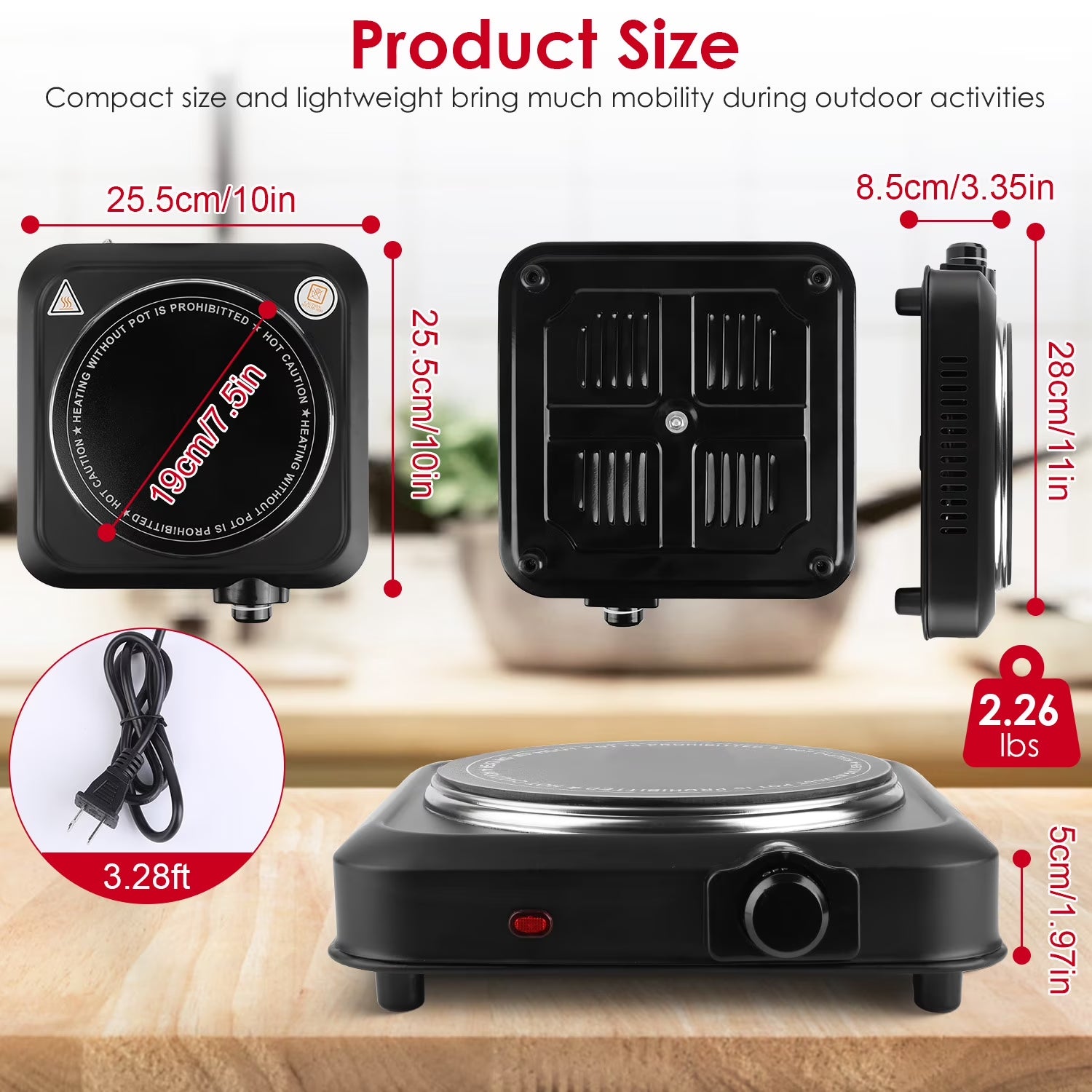 1000W Single Hot Plate Electric Burner with 7.5” Glass Cooktop Stepless, Infrared Countertop Burner, Black
