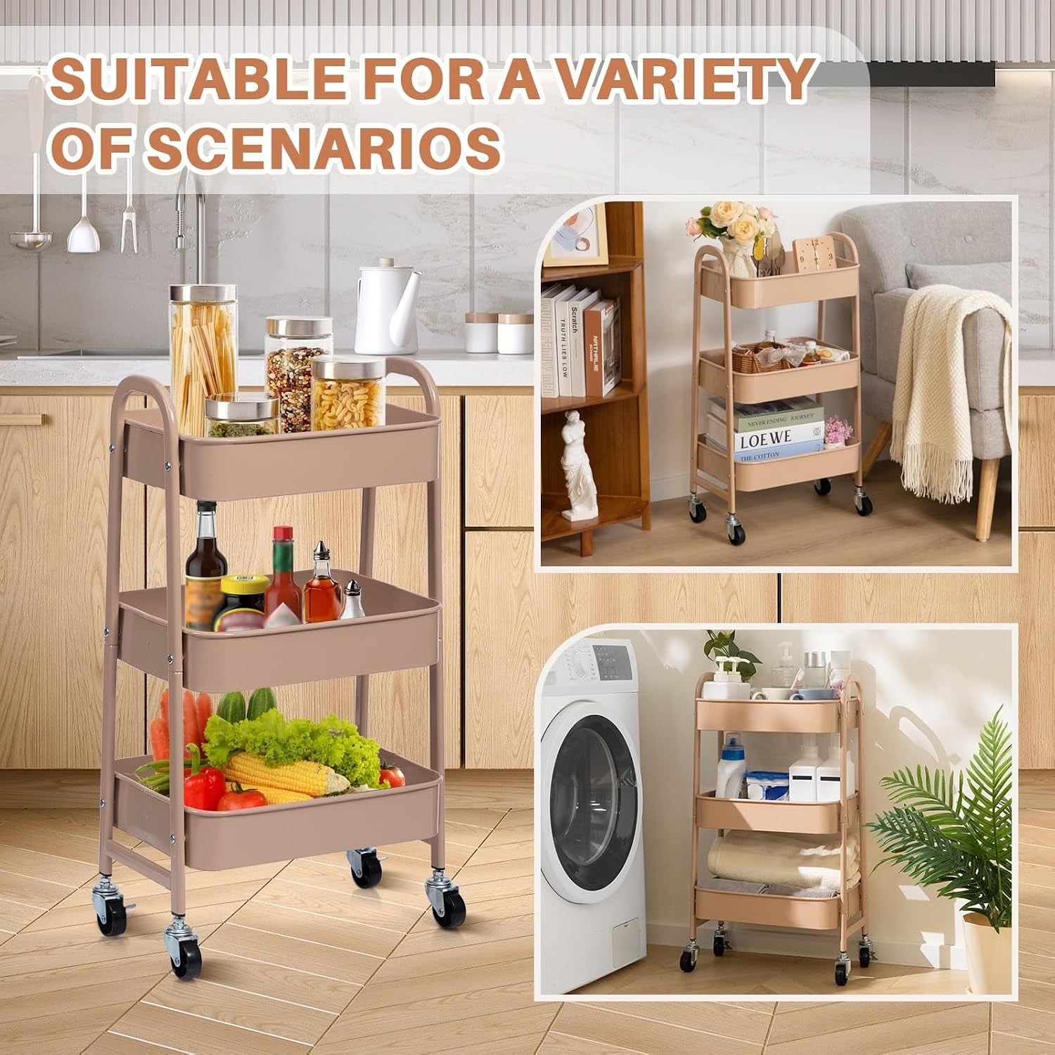 3 Tier Utility Rolling Cart with Lockable Wheels, Metal Multifunctional Storage, Organizer Cart for Kitchen, Office, Living Room, Makeup, Craft, Art Studio, Blush