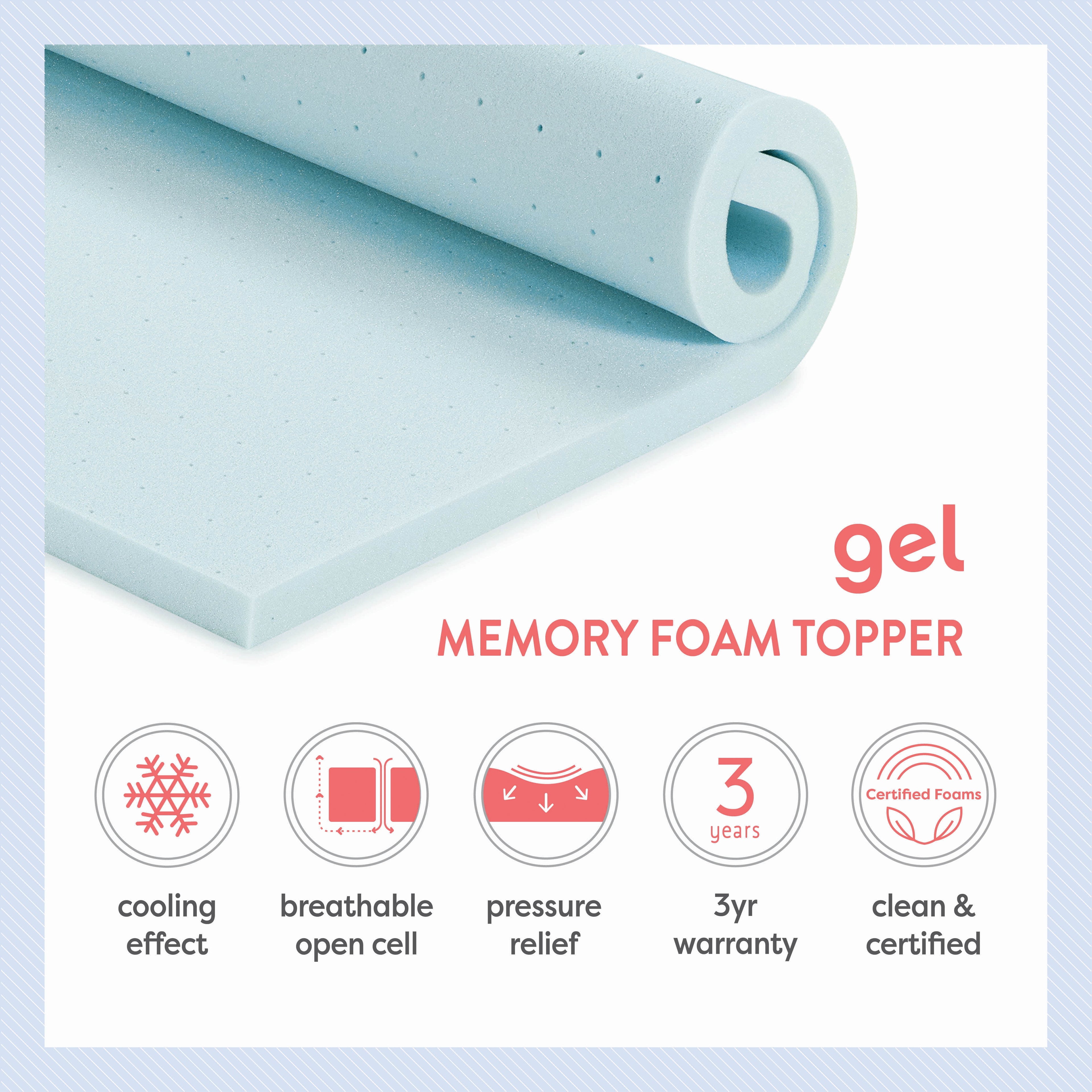 3" Cooling Gel Ventilated Memory Foam Mattress Topper, Twin-Xl