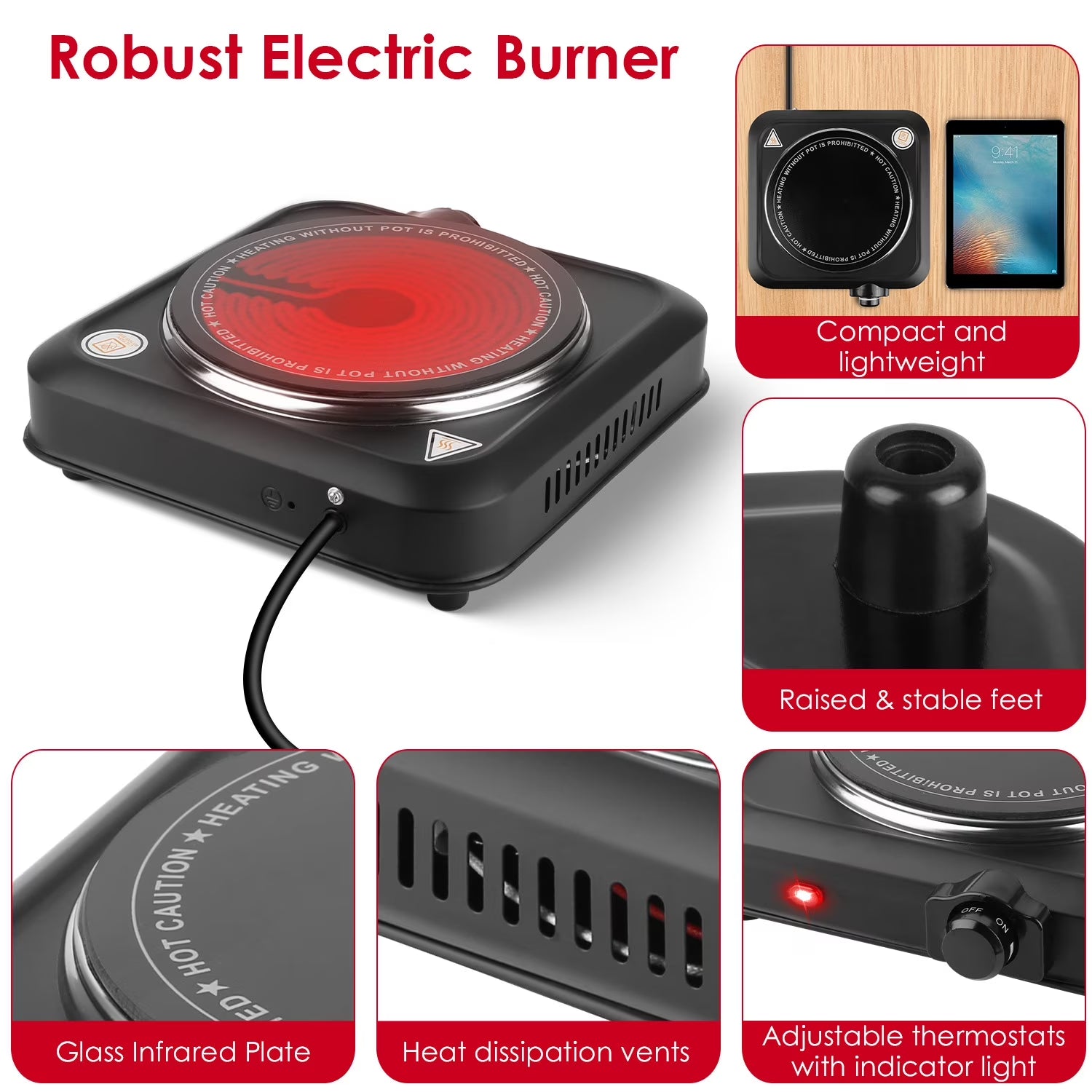 1000W Single Hot Plate Electric Burner with 7.5” Glass Cooktop Stepless, Infrared Countertop Burner, Black