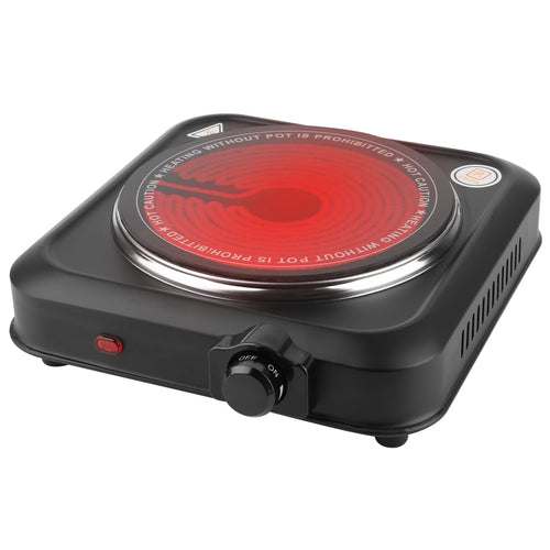 1000W Single Hot Plate Electric Burner with 7.5” Glass Cooktop Stepless, Infrared Countertop Burner, Black