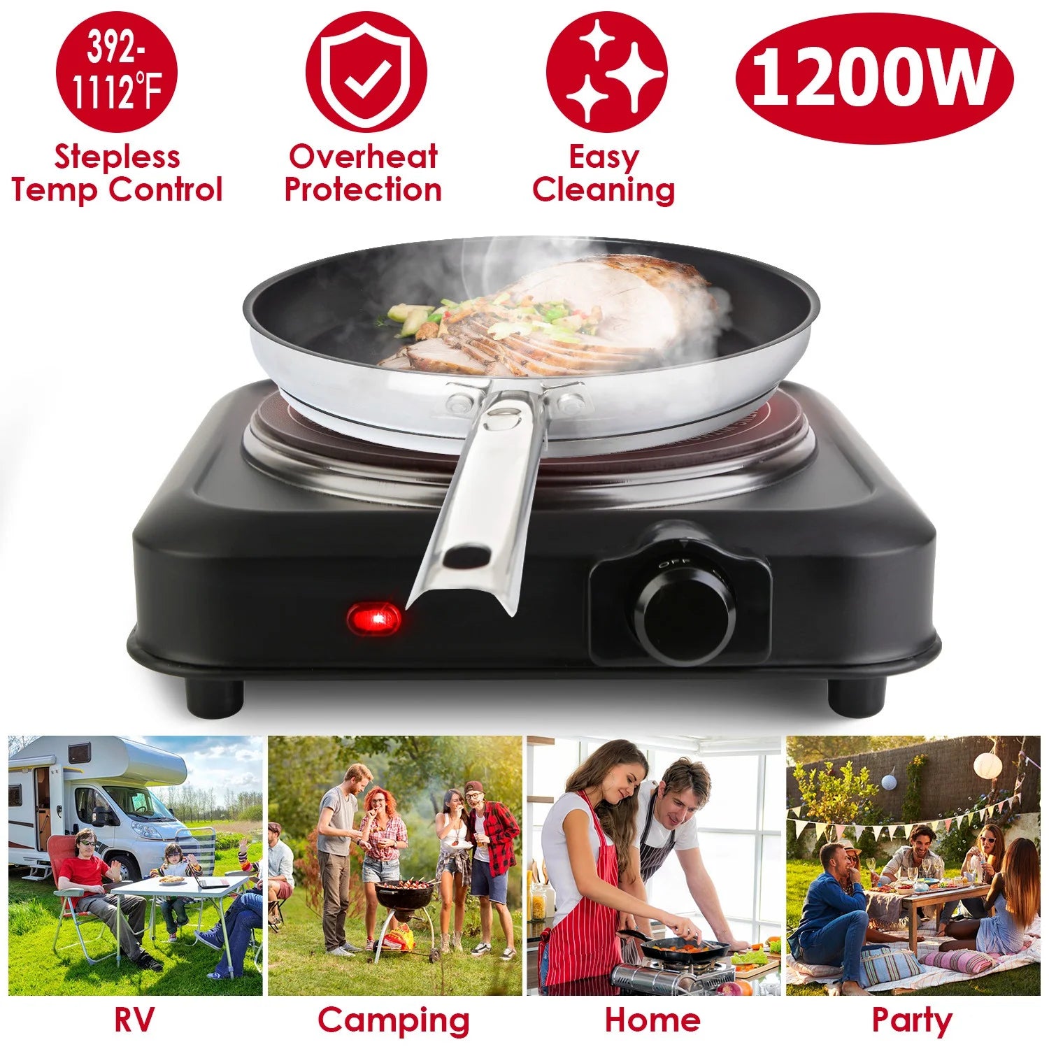 1000W Single Hot Plate Electric Burner with 7.5” Glass Cooktop Stepless, Infrared Countertop Burner, Black