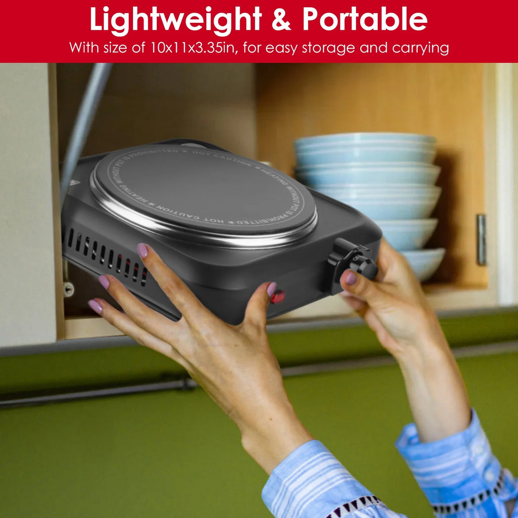 1000W Single Hot Plate Electric Burner with 7.5” Glass Cooktop Stepless, Infrared Countertop Burner, Black