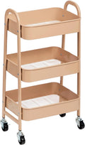 3 Tier Utility Rolling Cart with Lockable Wheels, Metal Multifunctional Storage, Organizer Cart for Kitchen, Office, Living Room, Makeup, Craft, Art Studio, Blush