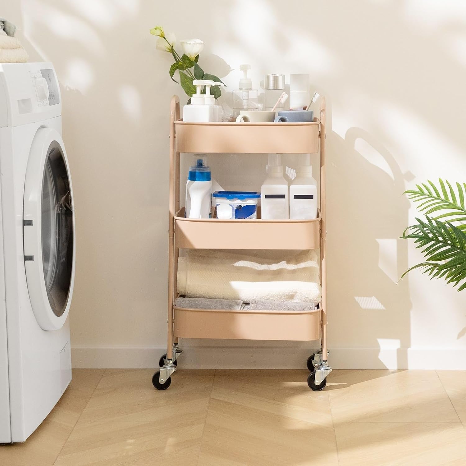 3 Tier Utility Rolling Cart with Lockable Wheels, Metal Multifunctional Storage, Organizer Cart for Kitchen, Office, Living Room, Makeup, Craft, Art Studio, Blush