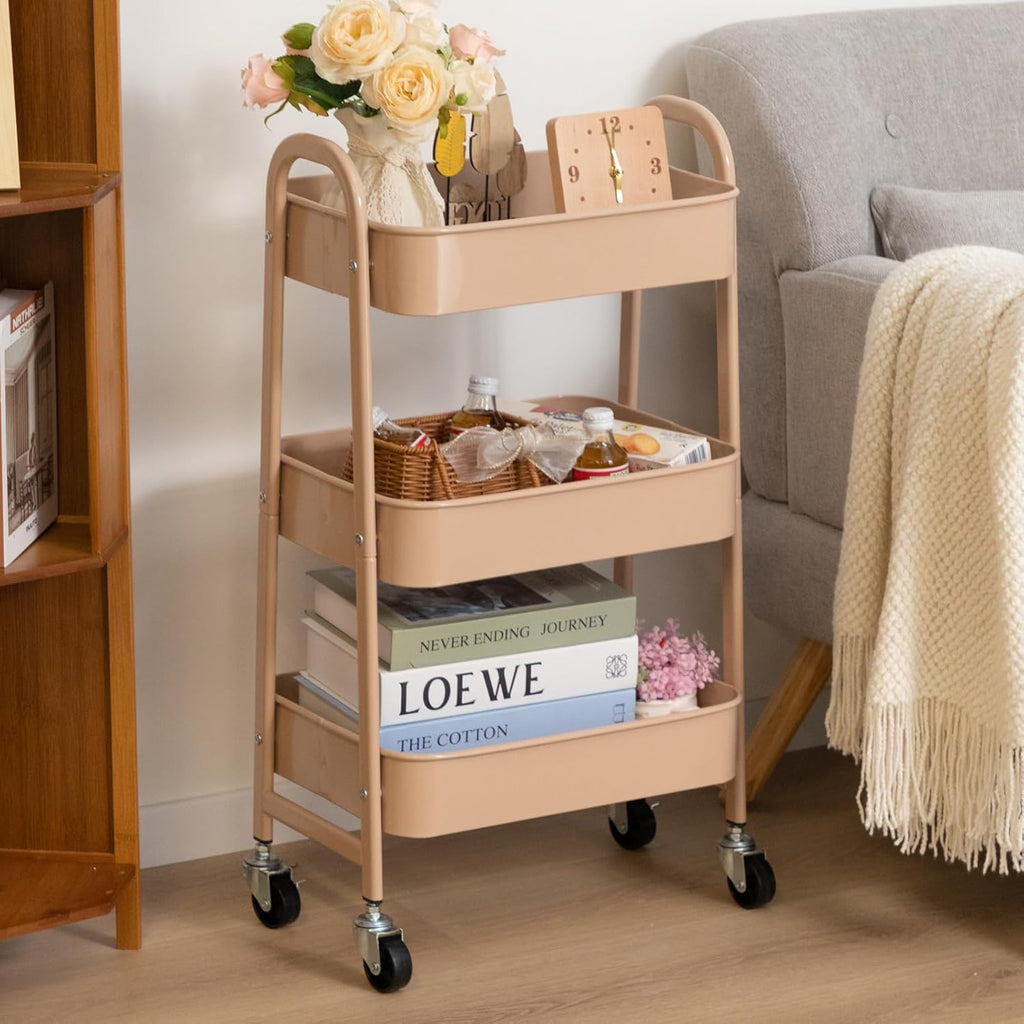 3 Tier Utility Rolling Cart with Lockable Wheels, Metal Multifunctional Storage, Organizer Cart for Kitchen, Office, Living Room, Makeup, Craft, Art Studio, Blush