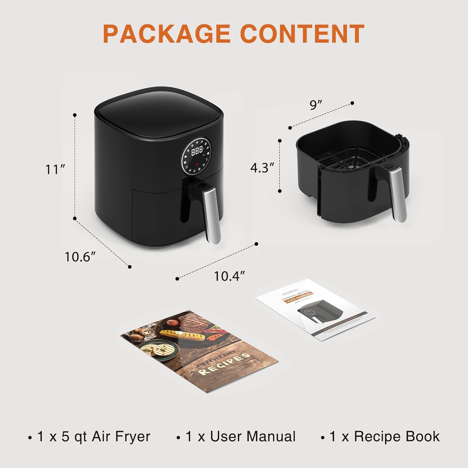 5 Quart Air Fryer, Electric Hot Oven Oilless Cooker，Lcd Digital Touch Screen with 7 Cooking Presets and 53 Recipes, Nonstick Basket，1500W ETL Listed (Black)