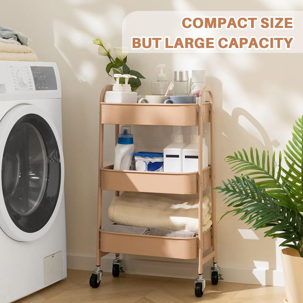 3 Tier Utility Rolling Cart with Lockable Wheels, Metal Multifunctional Storage, Organizer Cart for Kitchen, Office, Living Room, Makeup, Craft, Art Studio, Blush