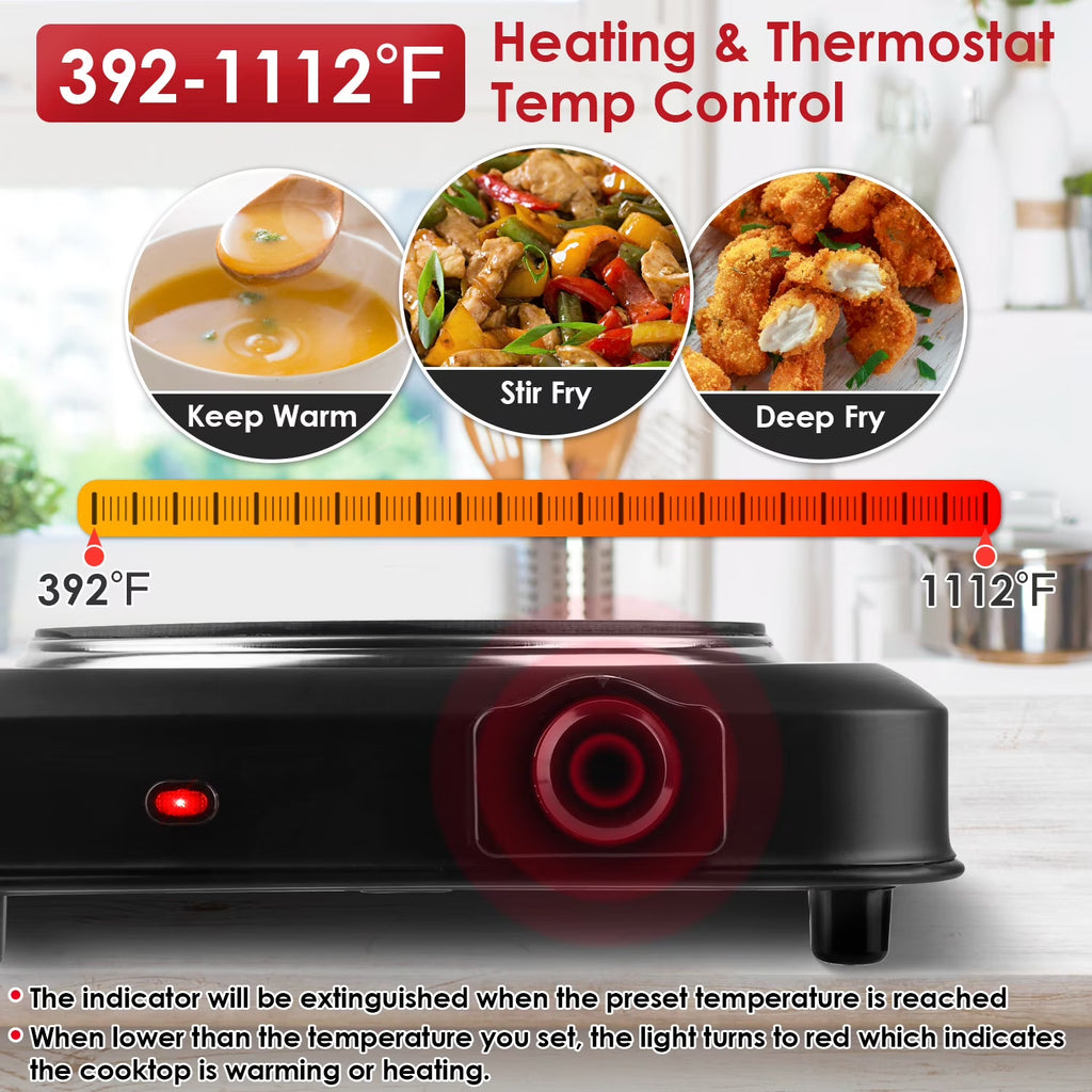 1000W Single Hot Plate Electric Burner with 7.5” Glass Cooktop Stepless, Infrared Countertop Burner, Black