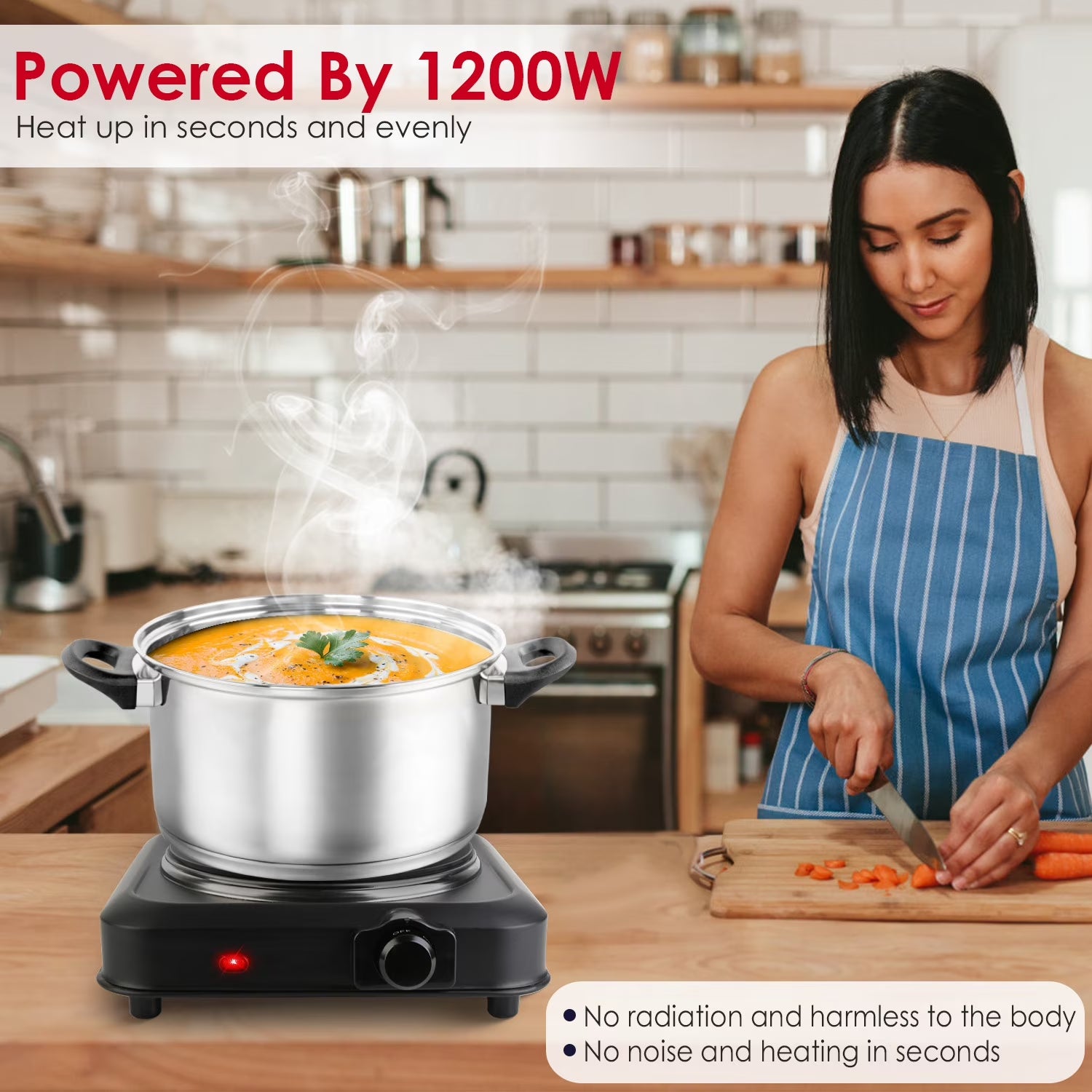 1000W Single Hot Plate Electric Burner with 7.5” Glass Cooktop Stepless, Infrared Countertop Burner, Black
