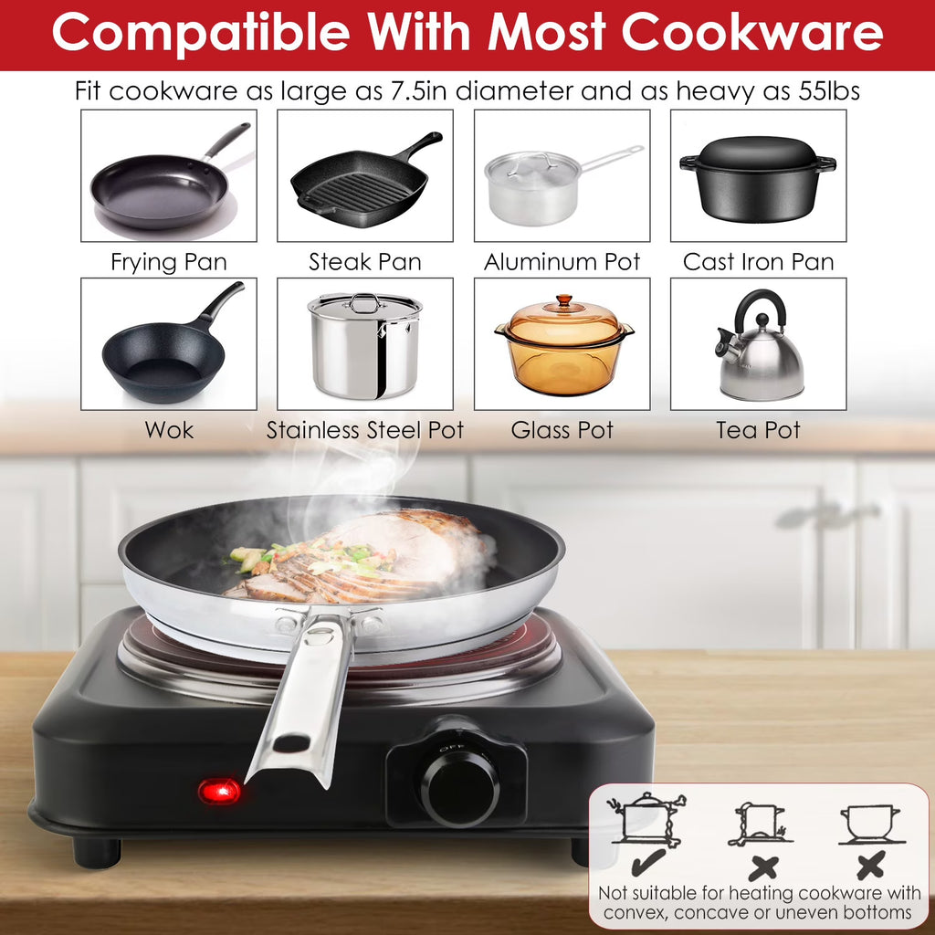 1000W Single Hot Plate Electric Burner with 7.5” Glass Cooktop Stepless, Infrared Countertop Burner, Black