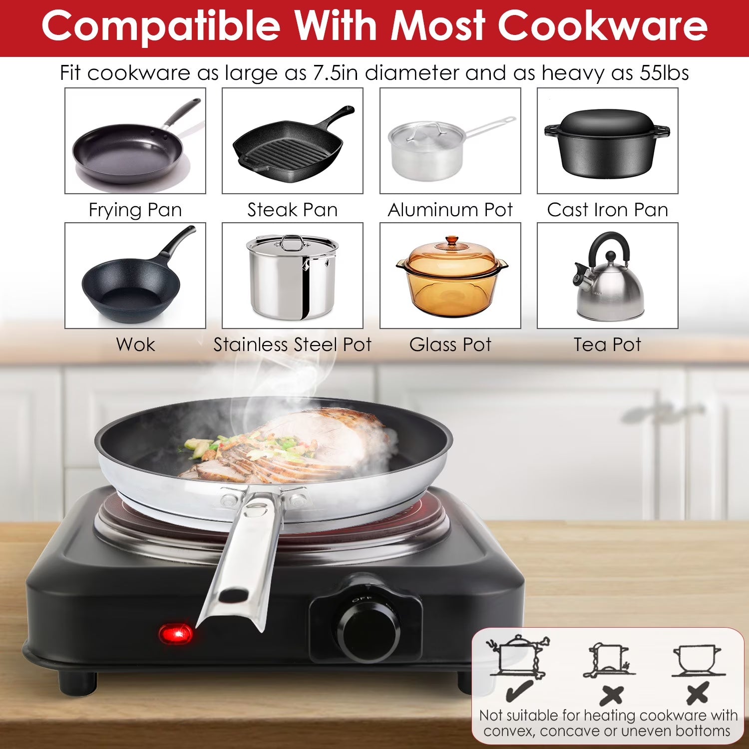 1000W Single Hot Plate Electric Burner with 7.5” Glass Cooktop Stepless, Infrared Countertop Burner, Black