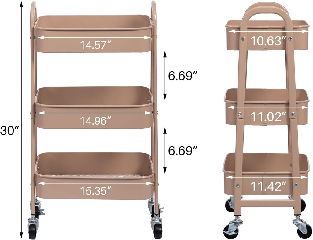 3 Tier Utility Rolling Cart with Lockable Wheels, Metal Multifunctional Storage, Organizer Cart for Kitchen, Office, Living Room, Makeup, Craft, Art Studio, Blush